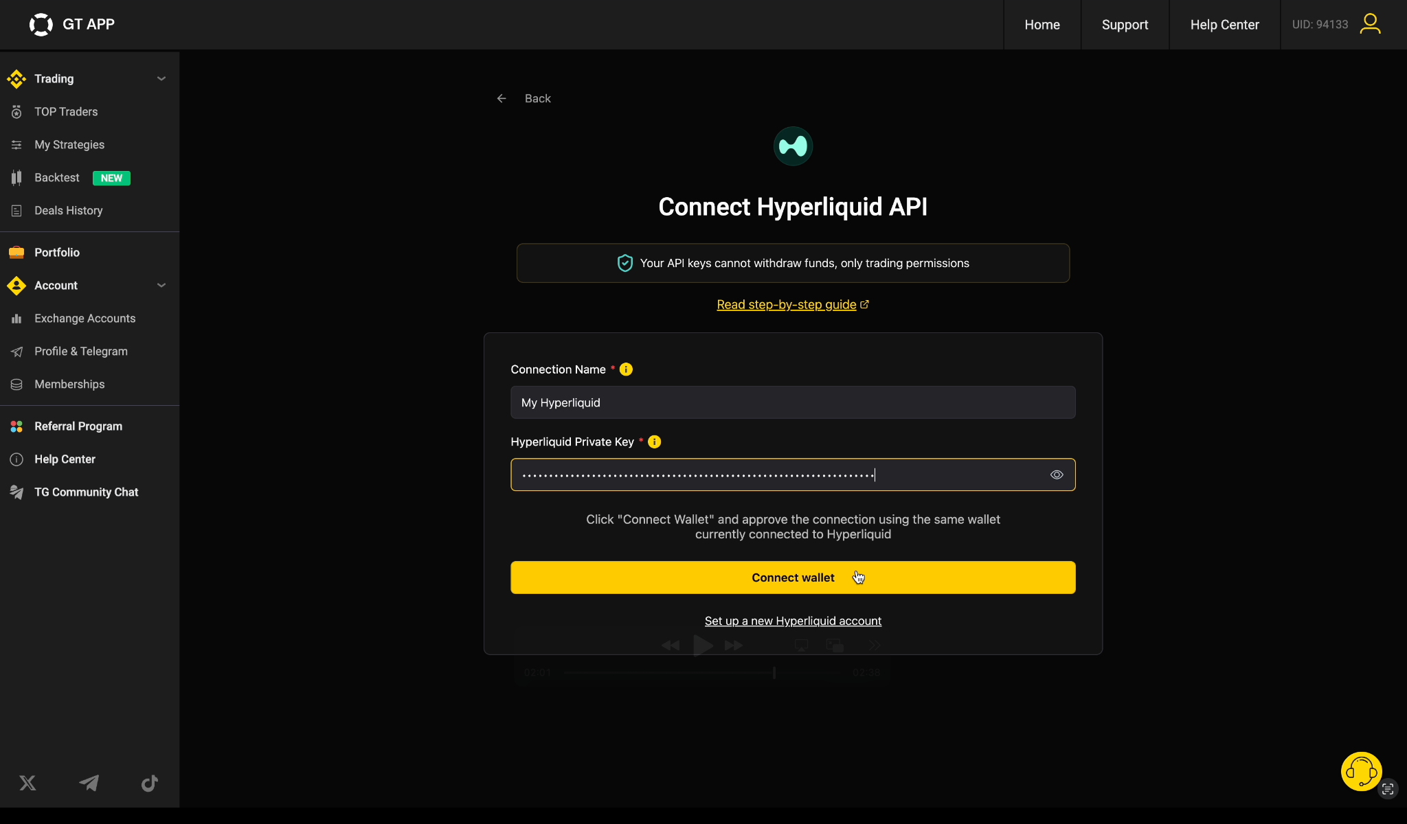2. Link your Hyperliquid to GT App account